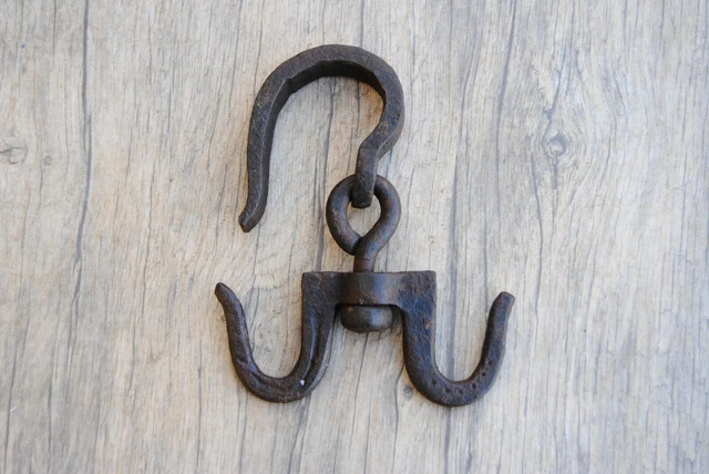 Vintage wrought Iron handforged hanging swivel double Butchers Meat Hook