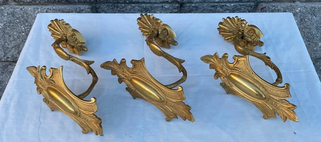 3 Antique French Victorian Gilded Brass Curtain Tiebacks 10” X 3 3/4” X 5”