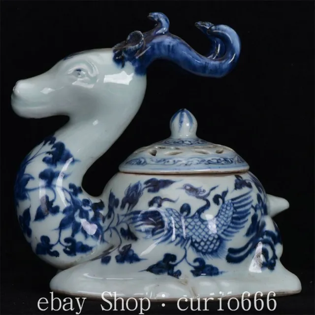 9'' Old Chinese Blue White Porcelain Phoenix Deer Animal Incense Burner Censer