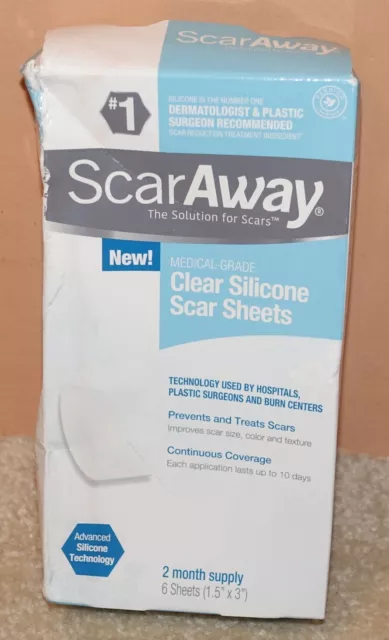Sealed New ScarAway 6 Clear Silicone Scar Sheets 2 Month Supply 1.5" X 3"