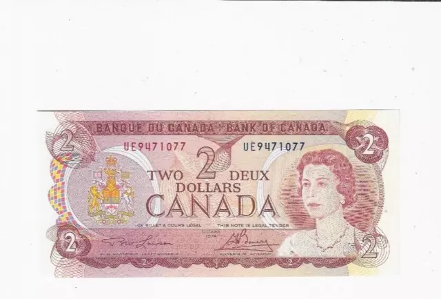 1974  Canada $2 Note, BC-47a  Law/Bou SN# UE 9471077