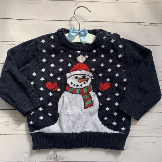 Baby 9-12 Months - CHRISTMAS Jumper - Navy Blue Chunky Knit Snowman Xmas