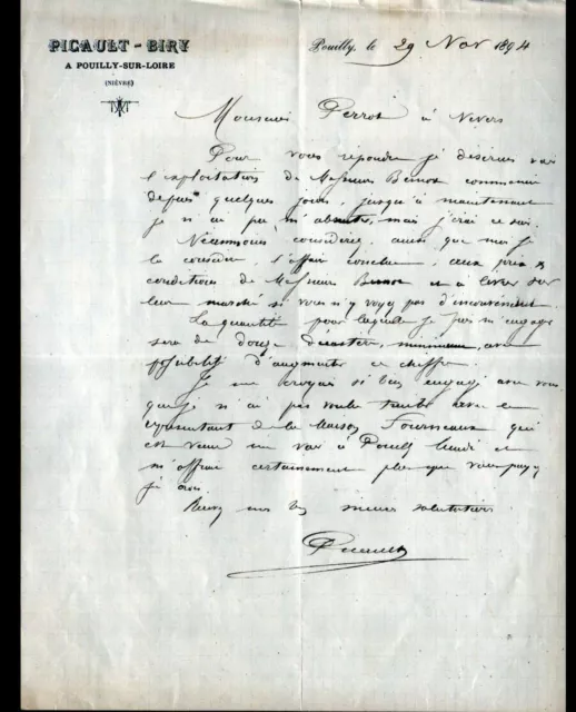 POUILLY-sur-LOIRE (58) WOOD & COALS ""PICAULT-BIRY"" letter in 1894