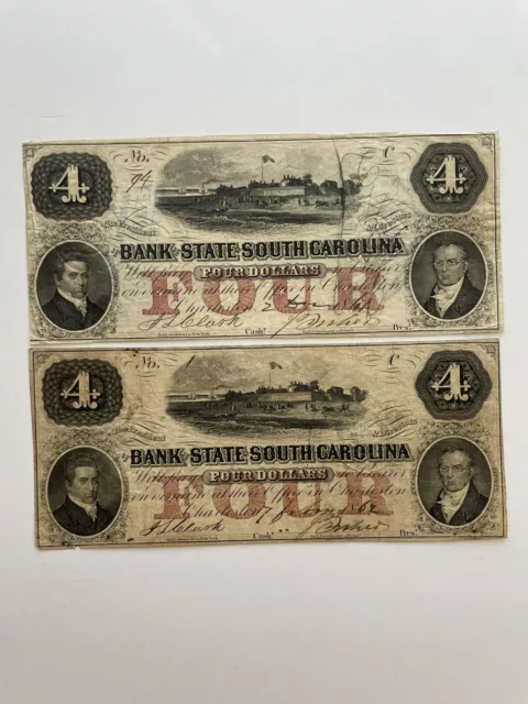 $4 "BANK OF THE STATE OF SOUTH CAROLINA" (1800S) $4 SOUTH CAROLINA RARE Lot Of 2