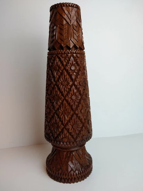 Wooden Hand Carved & Crafted Pillar 15" tall Vase Philippines Vintage #A