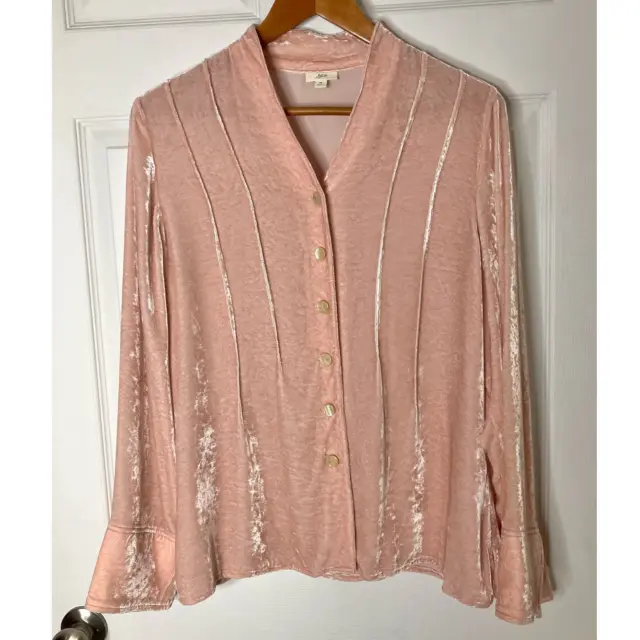 J. Jill Pink Crushed Velvet Silk Blend Long Sleeve Button Shirt Women's Medium