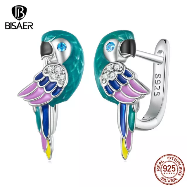 Bisaer 925 Sterling Silver beautiful CZ Parrot Ear Clips Earrings Jewelry Women