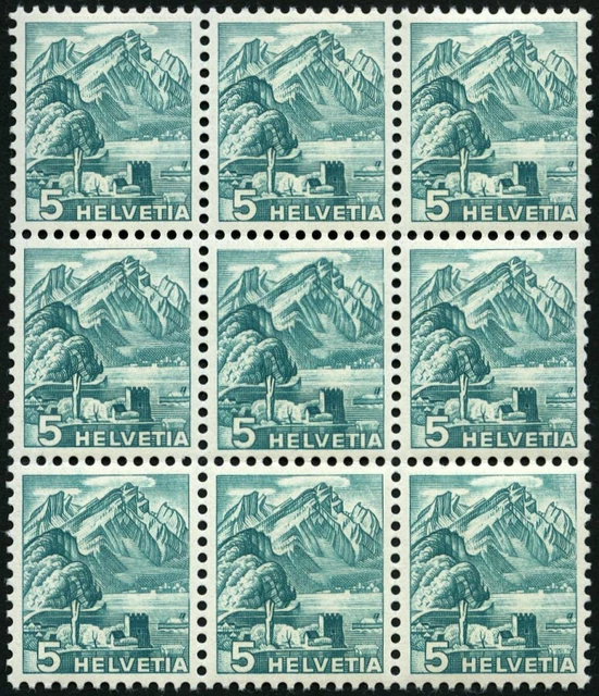 SCHWEIZ BUNDESPOST 1936, 5 C. bläulichgrün, geriffelte Gummierung, Doppelprägung