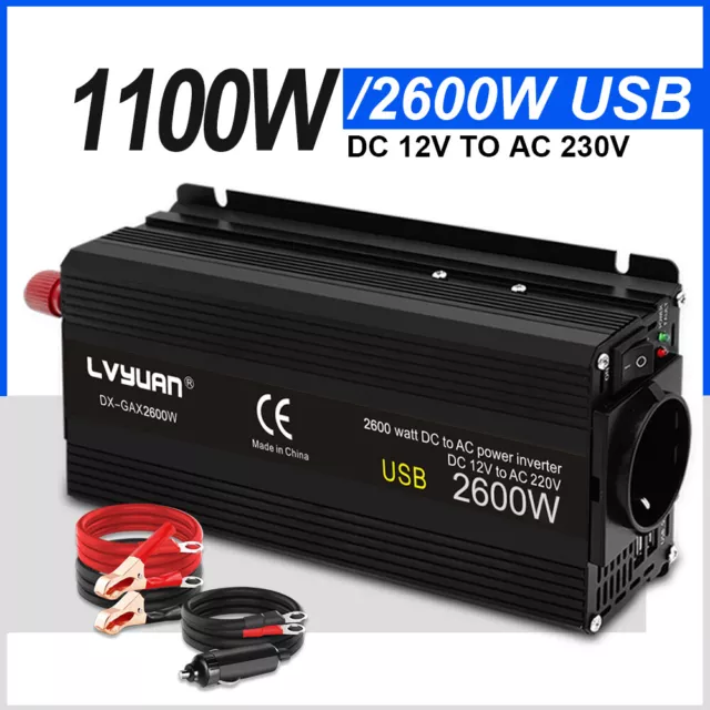 1100W 2600W Spannungswandler dc 12V ac 230V Wechselrichter Inverter USB Solar