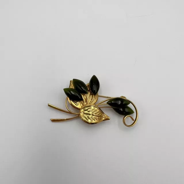 Mid Century Dainty Gold Tone and Jade Green Flower Brooch Filigree Leaves