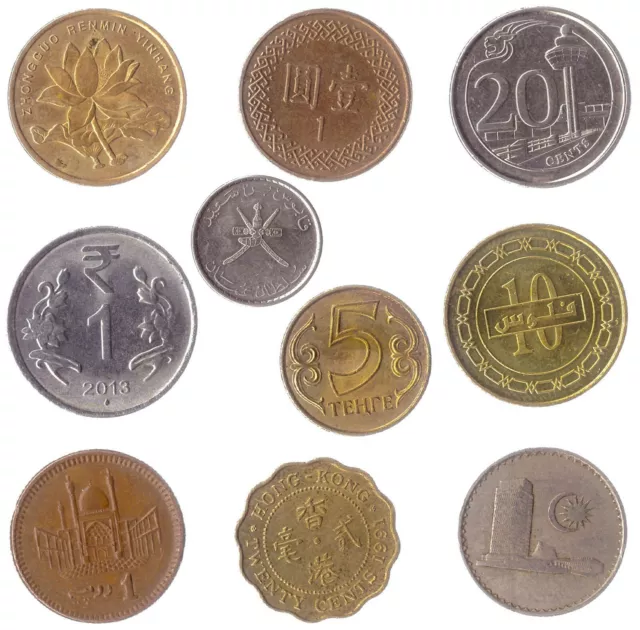 10 Coins From Different Asian Countries. Old Valuable Collectible Coins.