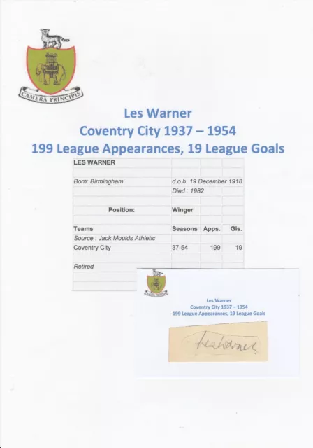 Les Warner Coventry City 1937-1954 Rare Original Hand Signed Cutting/Card