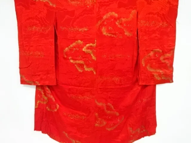 81818# Japanese Kimono / Antique Juban / Mon Kinsha / Woven Pine & Crane