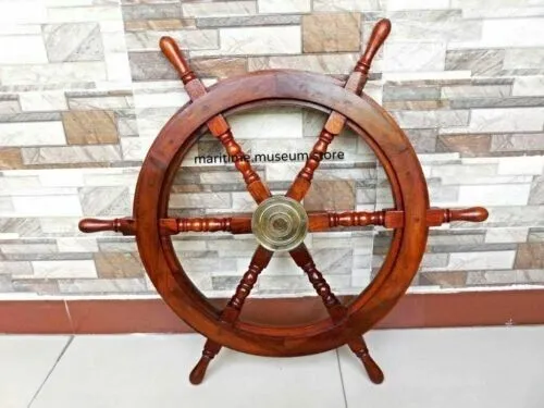 24"Brass Wooden Stylish Ship Steering Wheel Pirate Décor Wood Fishing Wall Boat