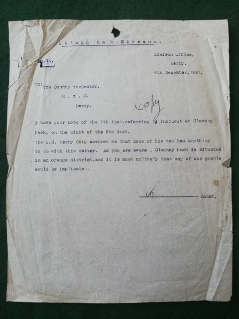 Very Rare Derry I.R.A. Irish War Of Independence Era Letter To R.I.C.