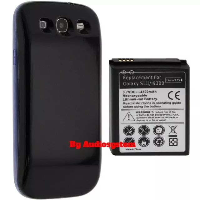 Batteria+ Cover 4300Mah Per SAMSUNG GALAXY S3 i9300 POTENZIATA MAGGIORATA Nero