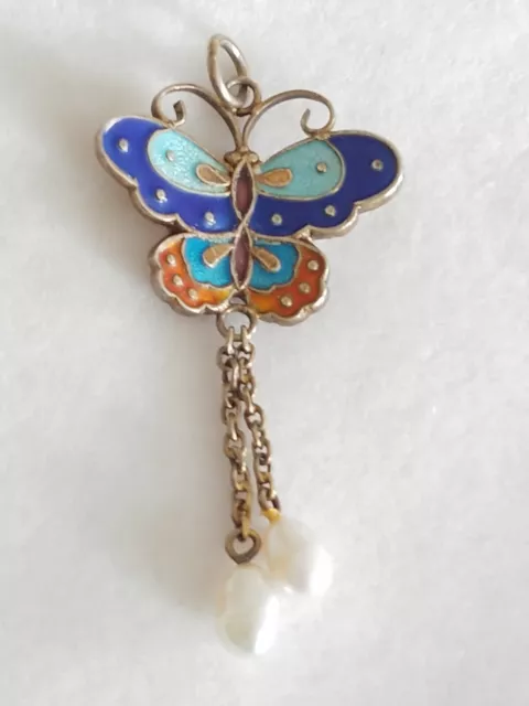 Chinese Export Silver Enamel Butterfly Bug Insect Pearl Dangle Pearl Pendant 925