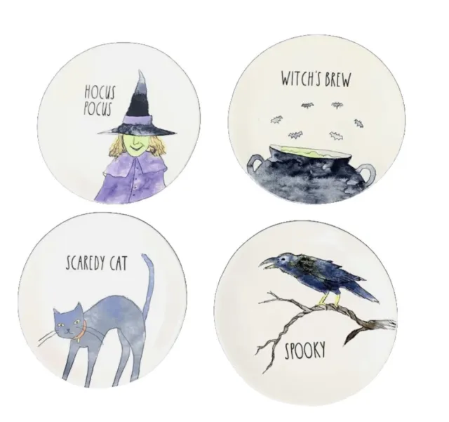 NWT Rae Dunn Set of 4 6" Halloween Plates Hocus Pocus-Spooky -Witch's Brew -CAT