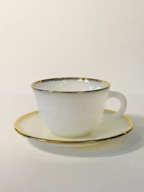 Fire King White Swirl Gold Trim Glass Coffee or Tea Cup and Saucer