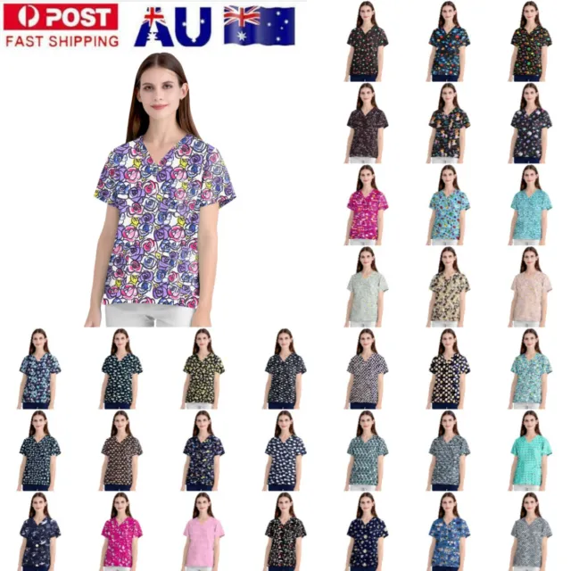 100% Cotton Unisex Scrub Tops Men Women Short Sleeve Digital Printing Medical