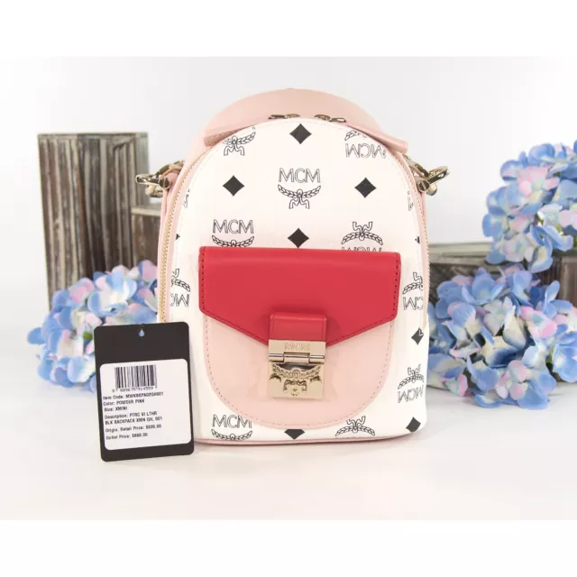 MCM Visetos Red Powder Pink Colorblock Monogram Mini Backpack Crossbody Bag NWT