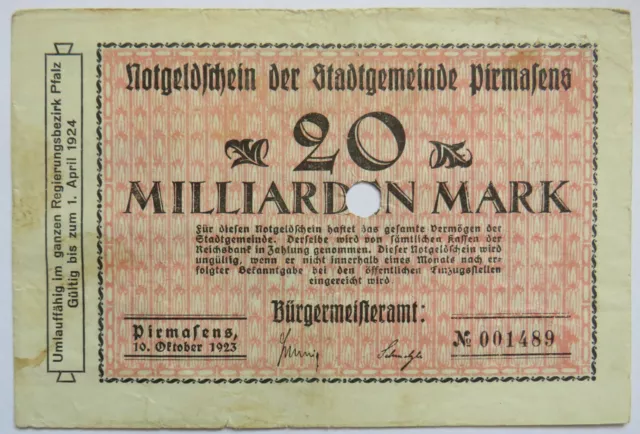 Pirmasens Pfalz Stadt 20 Milliarden Mark 1923 Notgeld