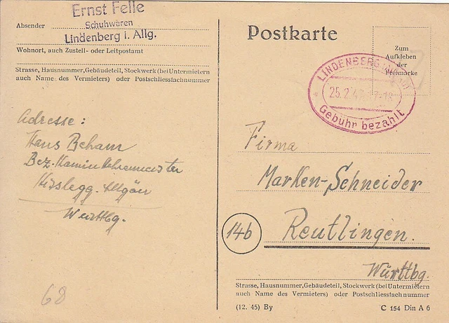 F.Zone - LINDENBERG  (Allgäu)  - Gebühr bezahlt - Karte - 1947