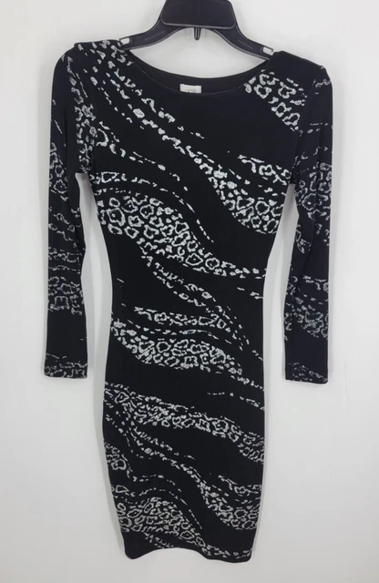 Vintage Cache Dress Womens XS Black Animal Print Swirl Bodycon Boat Neck Y2K 90s