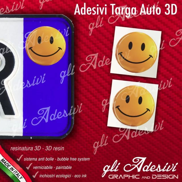 2 Adesivi Stickers bollino 3D Resinato targa Auto Moto SMILE