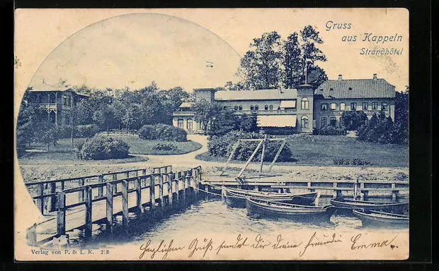 Ansichtskarte Kappeln, Strandhotel mit Anlagen vom Wasser gesehen 1902