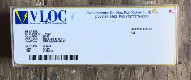 VLOC Nd:YAG Laser Rod YR0.6-3.0-45.0FP-C AR/AR 1064nm New In Box