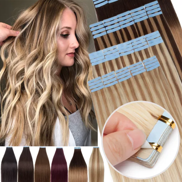 CLEARANCE 100% Real Remy Tape In Human Hair Extensions Full Head Skin Weft Ombre