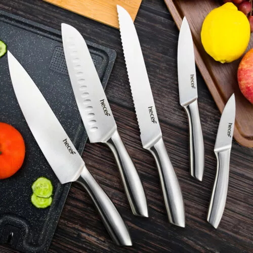 5tlg Küchenmesser-Set Scharfe Edelstahl Kochmesser Santoku Brotmesser mit Hüllen