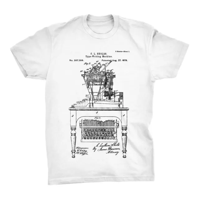 Typewriter Patent T-Shirt.100% Cotton Comfy Tee on Black White or Gray. NEW