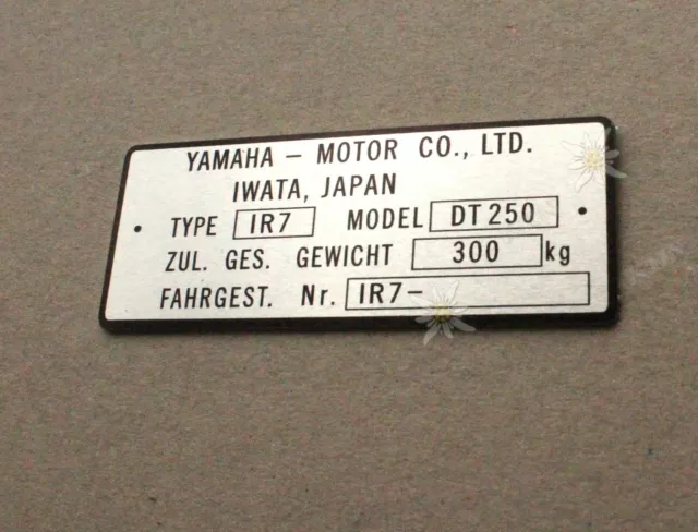 Yamaha Dt250  Type Ir7 Vin Plate Data Typenshild Alu Plate Tag Engraving Free