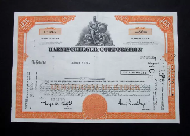 Usa 1975 Certificate 50 Common Stock Shares  Harnischfeger Corporation Delaware