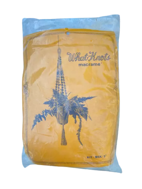 Vintage Macrame Kit What-Knots MSK 3' Brown Rope Blue Beads Plant Pot Hanger New