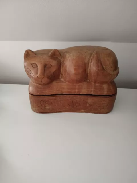 Wood Lg Vintage Jewelry Box Secret Compartment Wooden Hand Carved Cat Sculpture