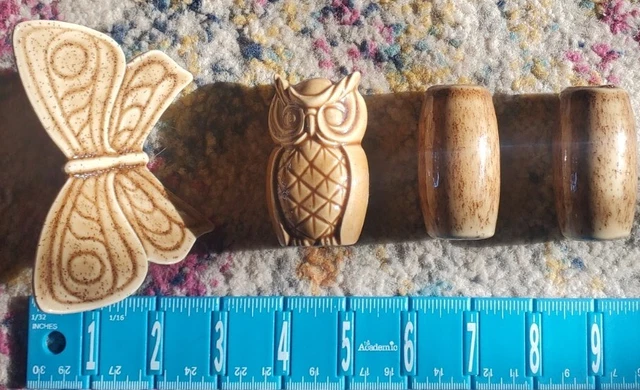 MCM  Glaze OWL BUTTERFLY Ceramic Macrame Bead Set - Vintage 60s 70s - Set of 3