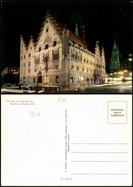 Ansichtskarte Ulm a. d. Donau Rathaus (Spätgotik) am Abend / bei Nacht 1970