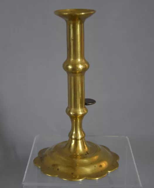 English Georgian Brass Petal Base Side Ejector Candlestick C 1740