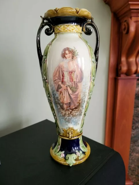 Antique Bohemian Art Nouveau Cobalt Majolica Handled Vase - 12"