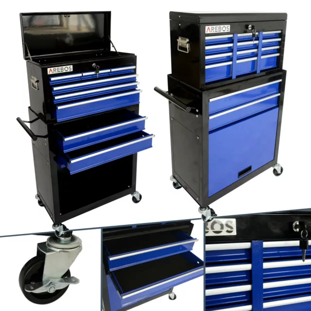 AREBOS Roller Tool Cabinet Storage 9 Drawers Toolbox Tool Chest, Trolley Blue