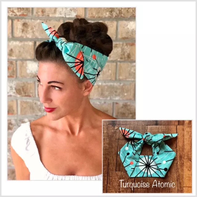 Handmade Mid Century Modern Turquoise Atomic Headband Retro Hair Wrap Scarf 50s