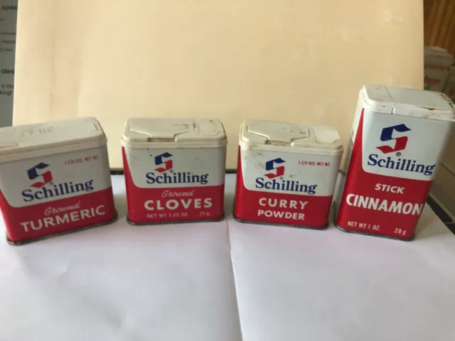 Vintage Schilling Spice Tins Lot of 4 - Cloves, Curry Powder, Cinnamon, Turmeric