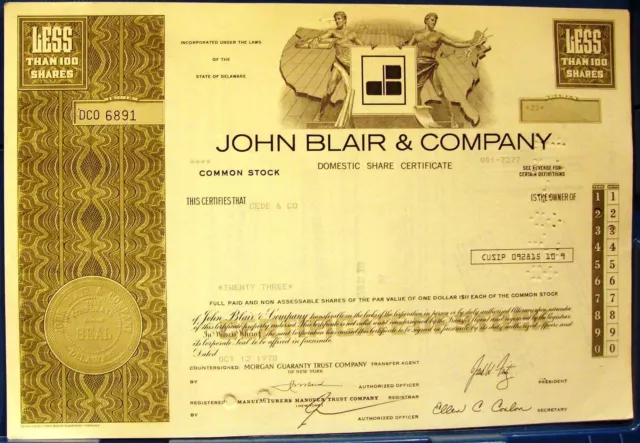 Stock certificate John Blair & Company State of Delaware Less Than 100 shares