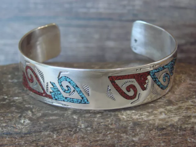 Navajo Sterling Silver Turquoise & Coral Chip Inlay Bracelet - Ray B