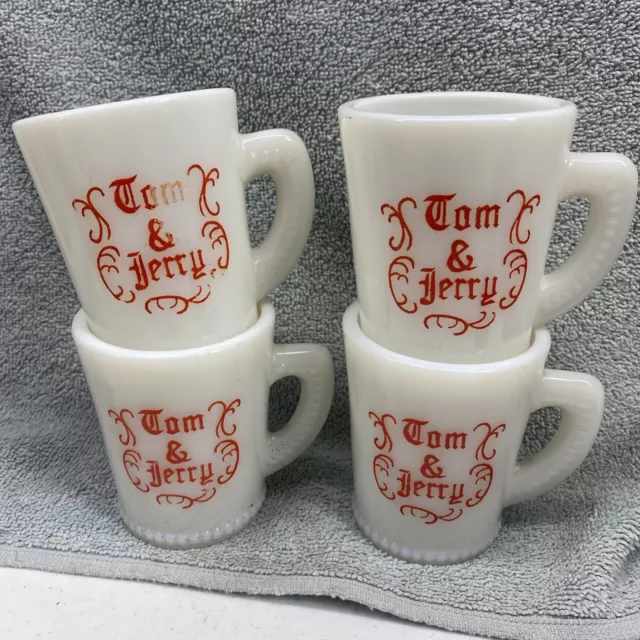 4 Vintage Tom And Jerry Christmas Egg Nog Cups Mugs McKee White Milk Glass 3 3/8