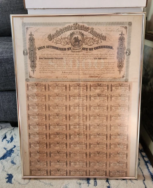 -1864 $1000 Confederate States of America - CSA Civil War Bond FRAMED