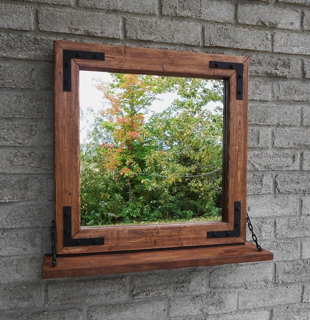 Solid Wood Rustic Wall Mirror With Shelf,  21 inches x 21 inches Frame